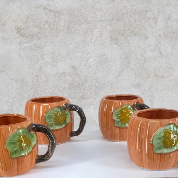 PUMPKIN TEAPOT/MUG SET -- 5 Piece, Ceramic, Autumn, Thanksgiving, Vintage - Picture 3 of 11